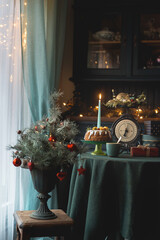 Cozy holiday home interior with cake near Christmas  tree