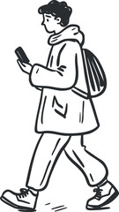 Obraz premium Illustration of a young man walking while looking at his smartphone and carrying a backpack