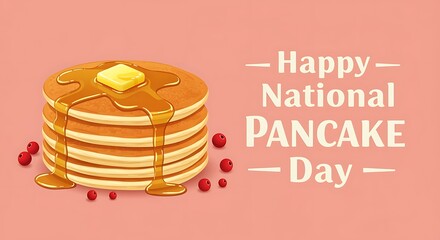 National Pancake Day greeting with pancakes butter syrup and cranberries celebration