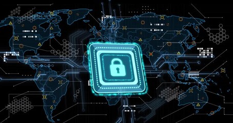 Animation of padlock, digital data processing over computer circuit board - Powered by Adobe