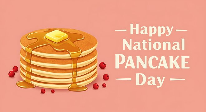 National Pancake Day greeting with pancakes butter syrup and cranberries celebration