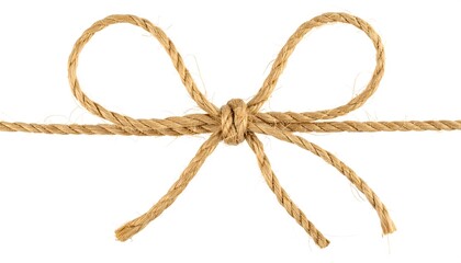 A close-up view of natural-toned twine, carefully tied in a decorative bow knot against a plain white backdrop.
