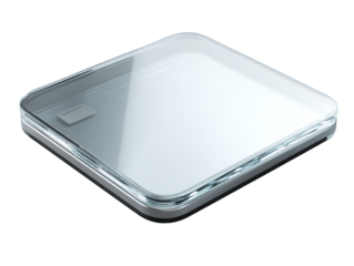 Square, clear plastic cover.  A transparent, light-gray, square enclosure with a clear plastic lid.  A small, square inset is visible.  3D rendering of a protective cover