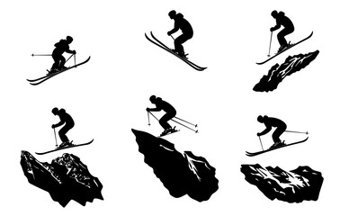 Obraz premium A modern winter scene is depicted in the silhouette of a skier jumping over a ramp in the snow with arms stretched out to the sides