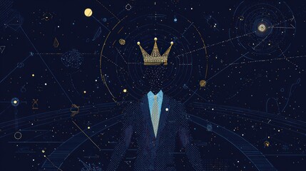 Abstract figure in suit, cosmic backdrop