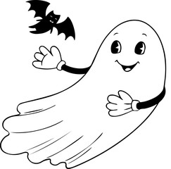 Flying ghost and bat black and white rubber hose cartoon