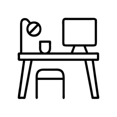 Illustration of home office desk with computer, lamp, cup, and chair for study and work