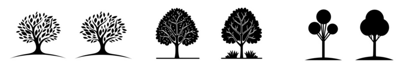 Naklejka premium The Tree Icon Set offers a minimalist approach, featuring both filled and outline styles, ideal for various design applications