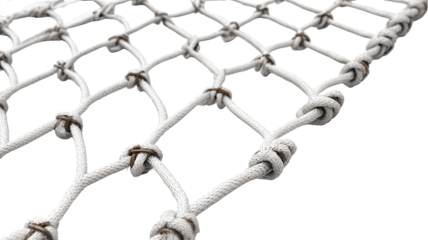 Detailed close-up of a white knotted net.  The net's intricate diamond pattern is clearly visible, with numerous interwoven cords and knots.  A close view of the network structure