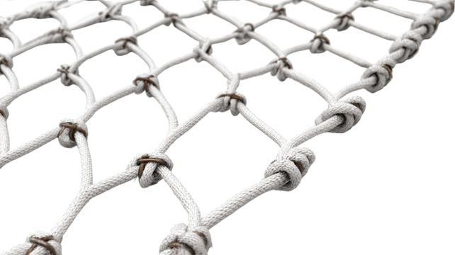Detailed close-up of a white knotted net.  The net's intricate diamond pattern is clearly visible, with numerous interwoven cords and knots.  A close view of the network structure