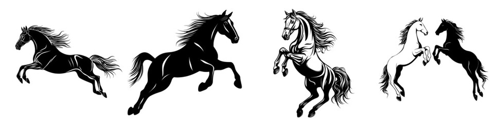 Obraz premium A powerful silhouette of a black horse, dynamically captured in mid-stride, exudes strength, grace, and untamed freedom, embodying the essence of a majestic stallion in motion