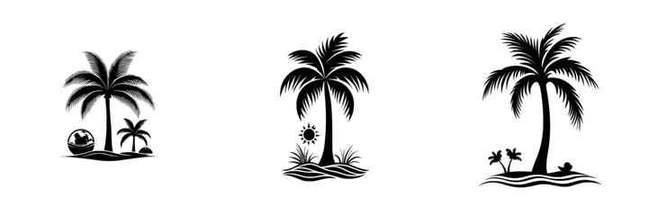 Naklejka premium The image of a palm tree with a coconut, simplified into a silhouette and set against a wave, captures the tranquil atmosphere of a tropical haven, inviting relaxation and escape