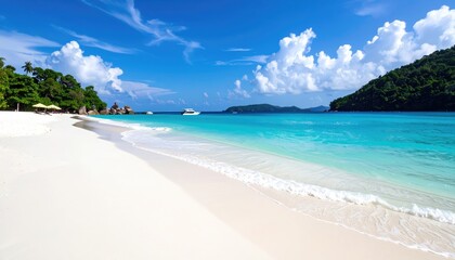 Tropical beach paradise with white sand and turquoise water under a sunny sky