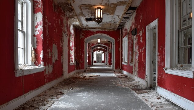 Abandoned red-walled hallway,  crumbling plaster