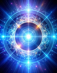 Obraz premium Abstract Glowing Concentric Circles and Starburst Pattern on Dark Blue Background