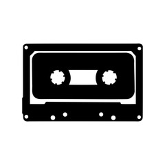 Black and white minimalist illustration of a compact audio cassette tape