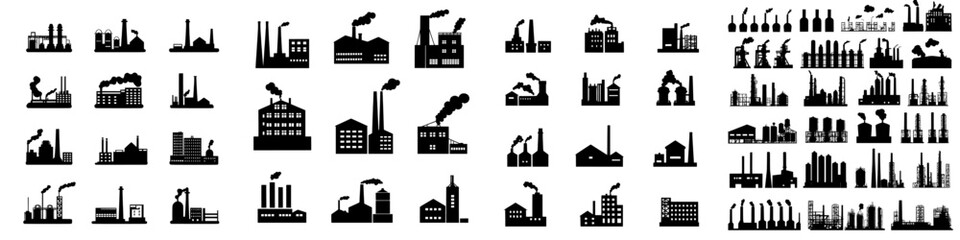 A collection of modern industrial building icons in silhouette form for illustration purposes