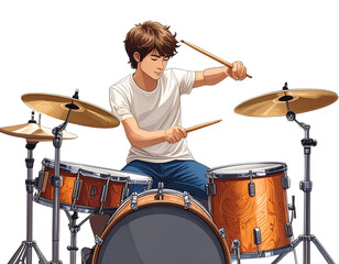 Side view of a cartoon man swinging drumsticks over two snare drums exaggerated arm