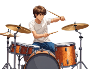 Side view of a cartoon man swinging drumsticks over two snare drums exaggerated arm