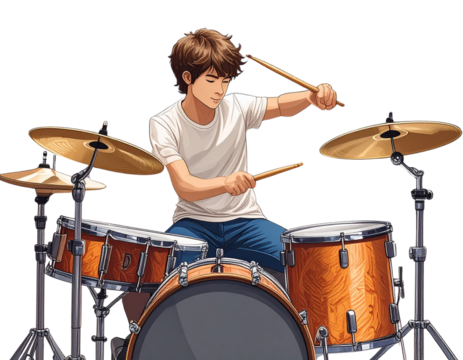 Side view of a cartoon man swinging drumsticks over two snare drums exaggerated arm