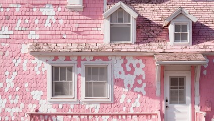 Pink dollhouse-style house facade with weathered, patchy paint.  Small, white windows and trim.  Porch with door