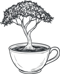 Obraz premium Black and white illustration of a tree growing out of a cup symbolizing nature and growth in a container