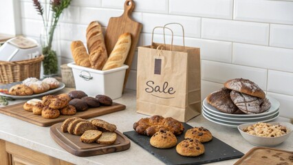 Artisan Bread Sale: Rustic Kitchen Setting, Warm Tones, Delicious Variety of Baked Goods.