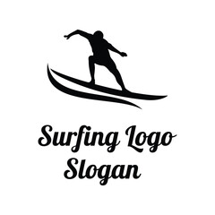 Surf logo design with a silhouette of a surfer on a board