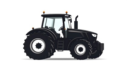A stylized illustration of a modern, black agricultural tractor, presented in a side profile view against a plain white background.