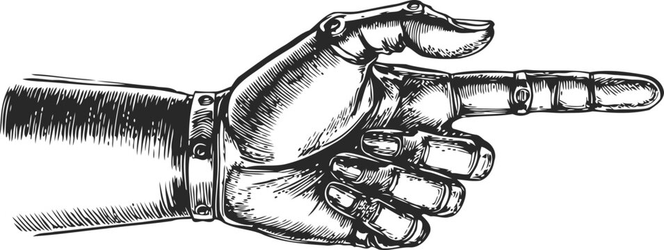 Detailed vintage engraving style vector sketch of the robotic hand with pointing finger gesture. Isolated on white, featuring mechanical joints and bolts, in a retro fantasy aesthetic.
