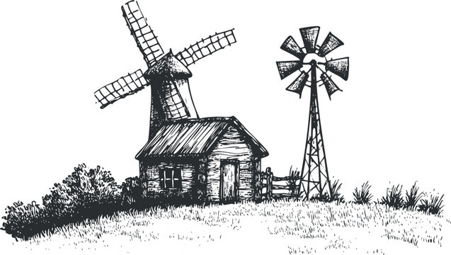 Black and white sketch of a countryside farmhouse with a traditional windmill and windpump in a rural field