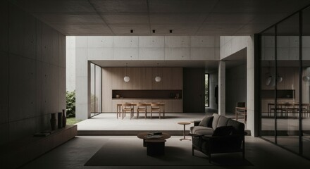 An open-plan, modern concrete home features a light-filled kitchen and living area with warm wooden accents, creating a serene and minimalist ambiance.