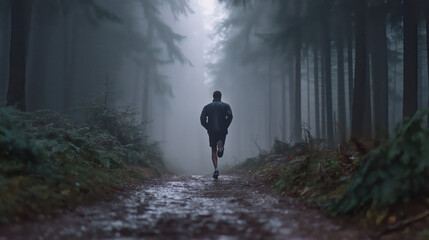 A long-distance runner crosses a foggy forest trail, embodying endurance, determination, and the quiet strength needed to push beyond limits..