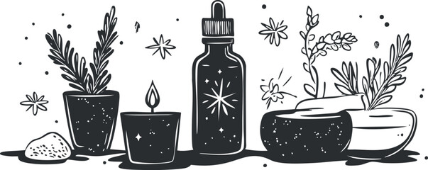 Black and white illustration of essential oil bottle, candle, potted herbs and natural wellness elements for aromatherapy and relaxation