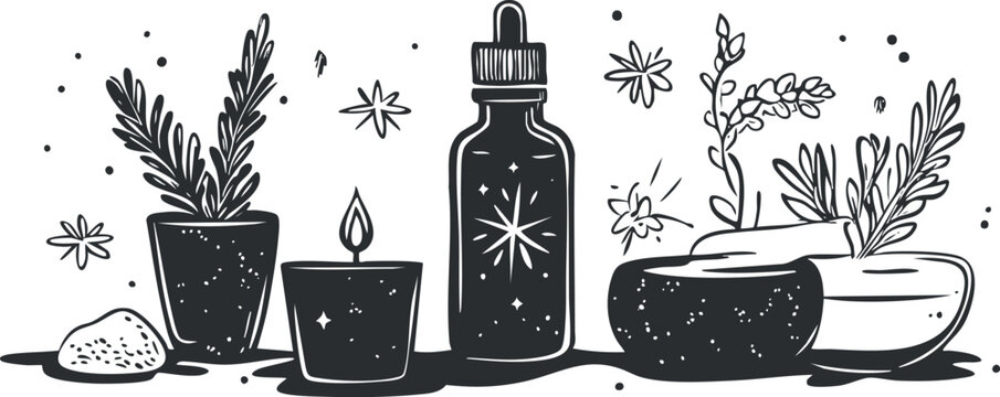 Black and white illustration of essential oil bottle, candle, potted herbs and natural wellness elements for aromatherapy and relaxation