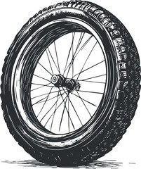 Black and white detailed sketch of a bicycle wheel with tire, spokes, and hub isolated on white background.