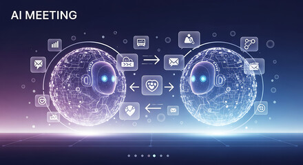 Two ai robots communicating with each other surrounded by digital icons on a blue background