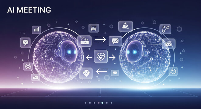 Two ai robots communicating with each other surrounded by digital icons on a blue background - Powered by Adobe