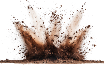Brown earth is erupting with specks and larger pieces flying off against a transparent background, showing the power of soil