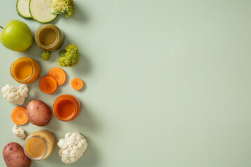 Flat lay of fresh vegetables, fruits, and jars of baby purees on pastel green background with copy space