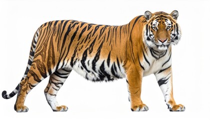 Majestic tiger standing against a white background, showcasing its powerful build and striking stripes.