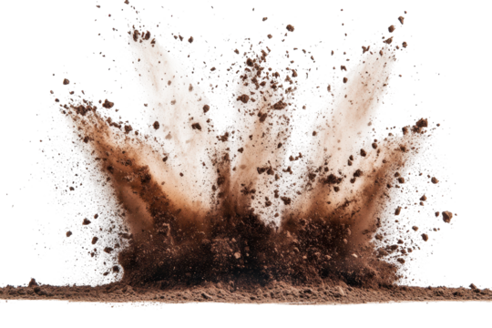 Brown earth is erupting with specks and larger pieces flying off against a transparent background, showing the power of soil