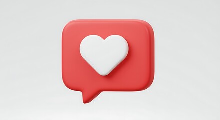 Social media like button notification icon with white heart inside a red speech bubble on a white background concept