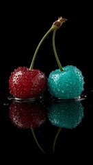 Red and Blue Cherries with Water Droplets – Artistic Contrast on Black Reflective Surface