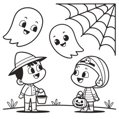 Halloween Fun, Kids and Friendly Ghosts in Spooky Costumes. vector illustration of coloring page black and white 