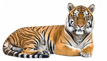 Majestic tiger resting peacefully on a white background