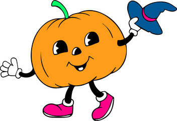 Colorful Pumpkin Holding Hat Rubber Hose Style