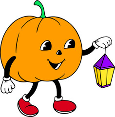 Colorful Pumpkin with Lantern, Rubber Hose Style