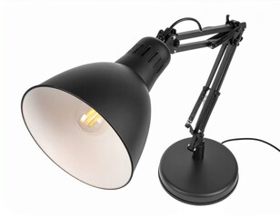 Black Adjustable Metal Desk Lamp with a White Interior Shade on White Background