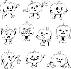 Set of 10 Black and White Pumpkins Rubber Hose Style